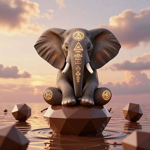Digital artwork of a mystical elephant with glowing symbols on its forehead and legs, seated on a geometric pedestal in a reflective lake at sunset.