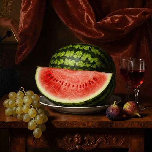 Photograph of a watermelon slice with red flesh and black stripes, grapes, figs, and a glass of red wine on an ornate wooden