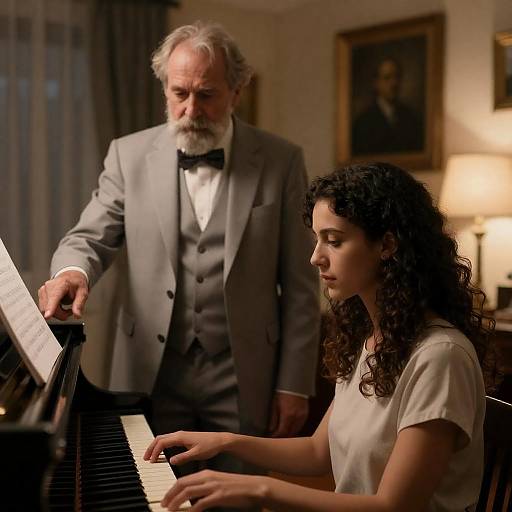 Elderly Man Guides Young Pianist
