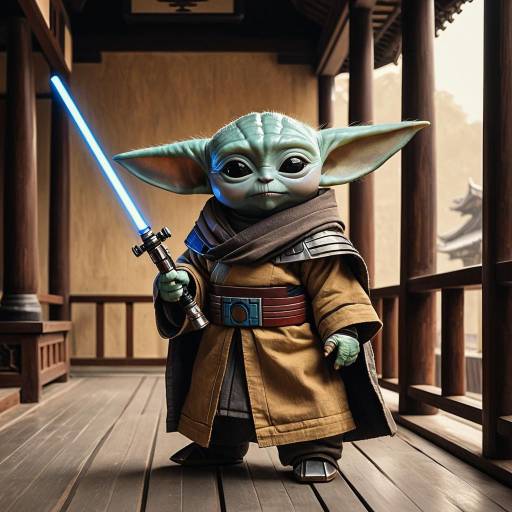 Baby Grogu with Lightsaber on Temple Veranda
