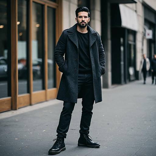 Stylish man in black coat standing on city street