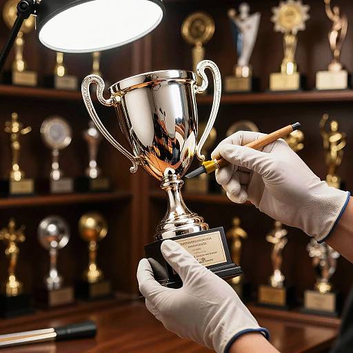 Photograph of gloved hands polishing a silver trophy under a bright desk lamp, with blurred trophy shelves in the background.