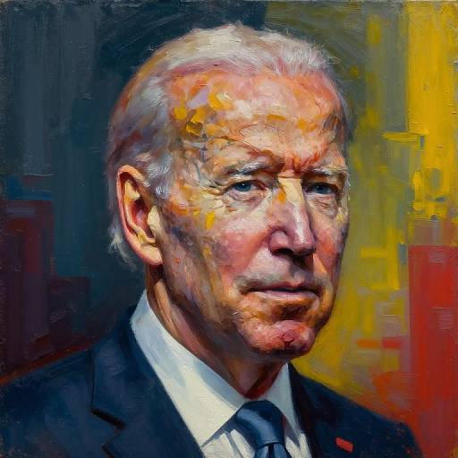 Digital painting of an elderly man with white hair, wearing a black suit and white shirt, against a colorful abstract background.