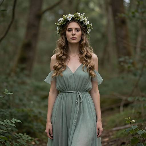 Photograph of a fair-skinned woman with long, wavy brown hair wearing a green, off-shoulder dress and white flower crown, standing
