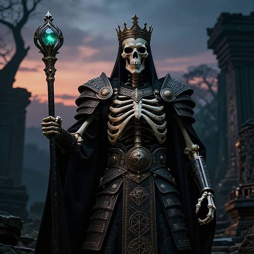 Digital artwork of a skeletal warrior in dark, ornate armor with a glowing green orb staff, crowned skull, and eerie twilight ruins.