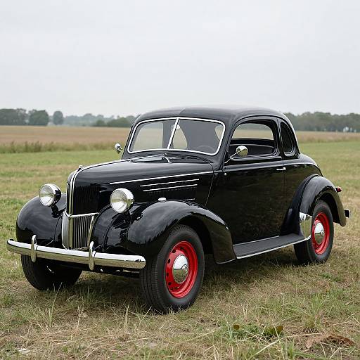 Photograph of a shiny black vintage car with red wheels parked on grassy field, under an overcast sky, classic design.
