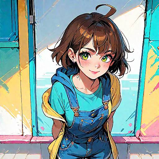 Smiling Anime Girl in Blue Overalls