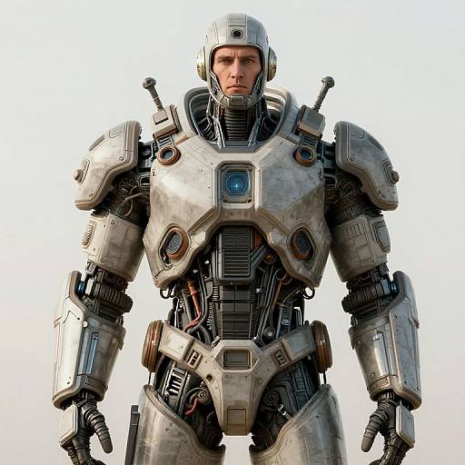 Digital rendering of a stern-faced, white armored superhero with metallic plating, blue glowing chest emblem, and exposed mechanical details against a plain white background.