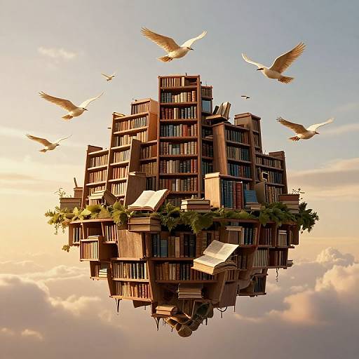 Photograph-like digital art of a floating, multi-story library with books, birds flying around, and lush greenery, set against a sunset sky.