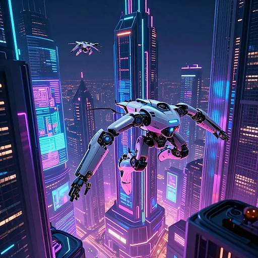 CGI image of a futuristic, neon-lit cityscape at night, featuring a white robotic mecha flying among towering skyscrapers, with a