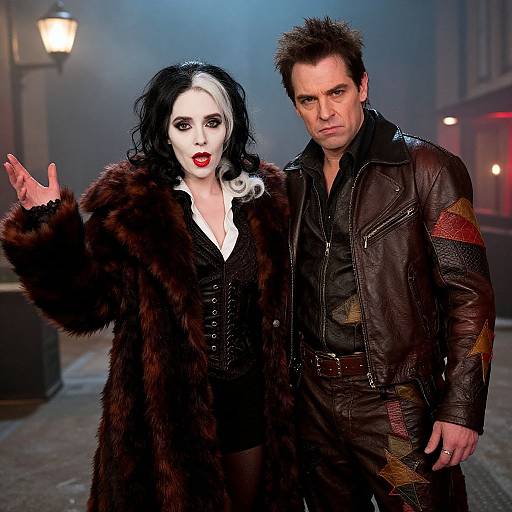 Photograph of a dramatic scene featuring a pale-skinned woman with black and white hair in a fur coat, and a dark-haired man in a leather