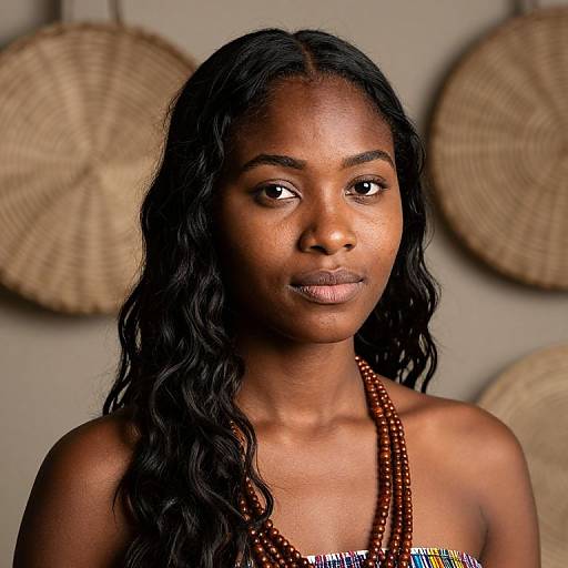 Photograph of a young Black woman with long, wavy black hair, wearing a brown beaded necklace, against a beige wall with woven baskets in