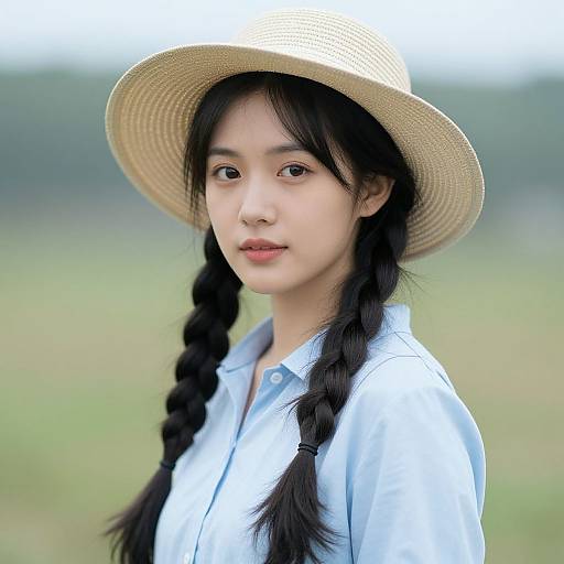 Photograph of a young Asian woman with long black hair in braids, wearing a light blue shirt and straw hat, standing in a blurred green field