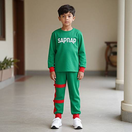 Photograph of a young boy with dark hair, wearing a green 