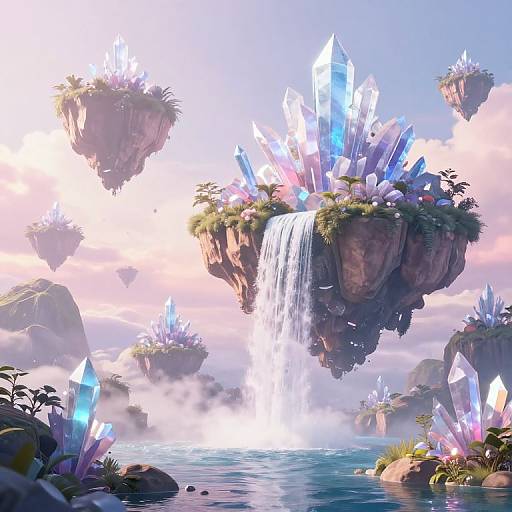 Fantasy digital artwork: floating crystal islands with glowing blue crystals, lush greenery, cascading waterfalls, and a serene, misty lake below