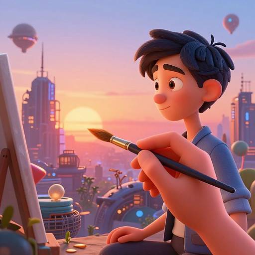 Digital illustration of a young boy with dark hair, wearing a blue shirt, painting a futuristic cityscape at sunset, holding a brush.