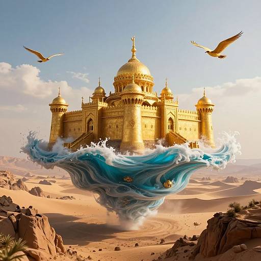 Digital artwork of a golden, domed palace floating above desert sand, surrounded by swirling blue waves and soaring birds.