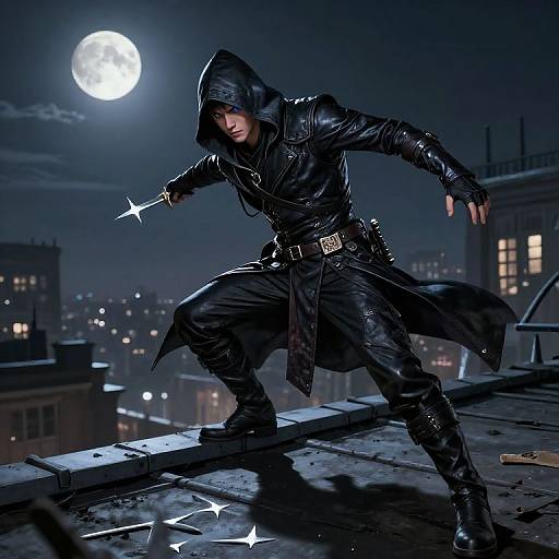Photograph of a hooded, leather-clad ninja with knife poised, crouching on a rooftop under a bright full moon, surrounded by city