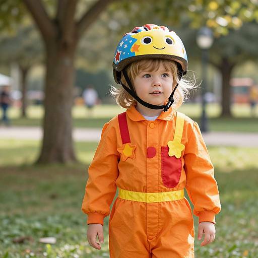 Photograph of a blonde toddler in an orange onesie and colorful helmet, standing in a sunlit park with trees in the background.