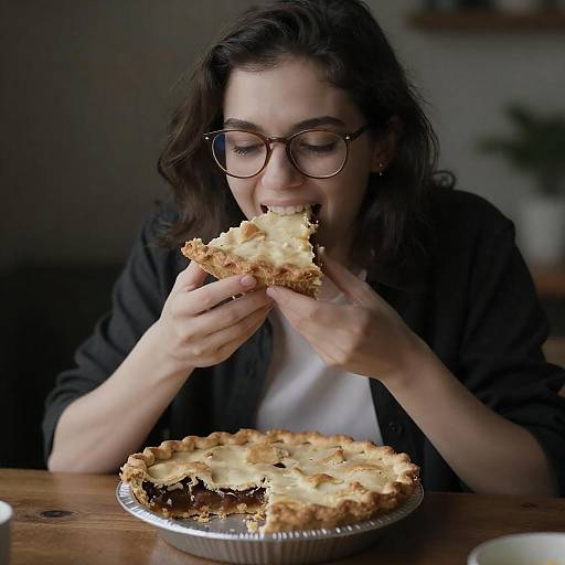 Woman in Glasses Biting Pie Slice