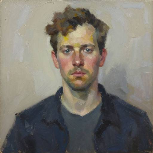 Impressionist-style painting of a young Caucasian man with short, curly brown hair, blue eyes, slight beard, wearing a black jacket, against a