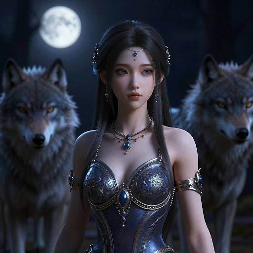 Digital artwork of a fair-skinned, dark-haired woman in a metallic, blue corset with wolf-like creatures in the moonlit night.