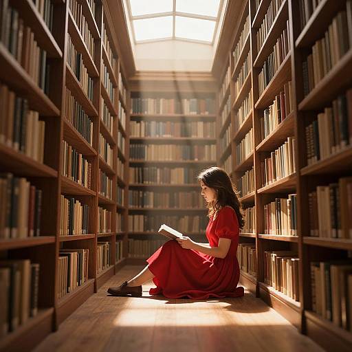 Photograph of a woman with long dark hair in a red dress, sitting on the floor of a sunlit library aisle, reading a book, surrounded