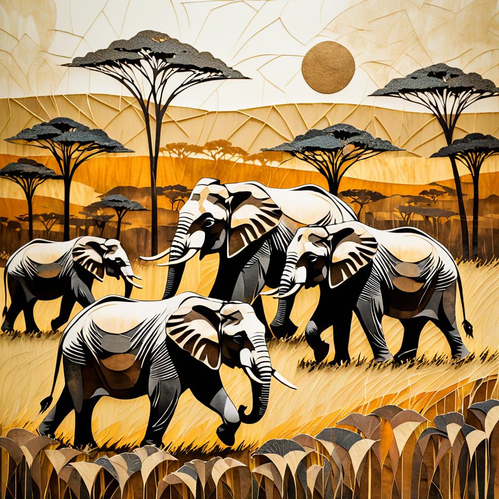 Elephants Running in a Textured Meadow