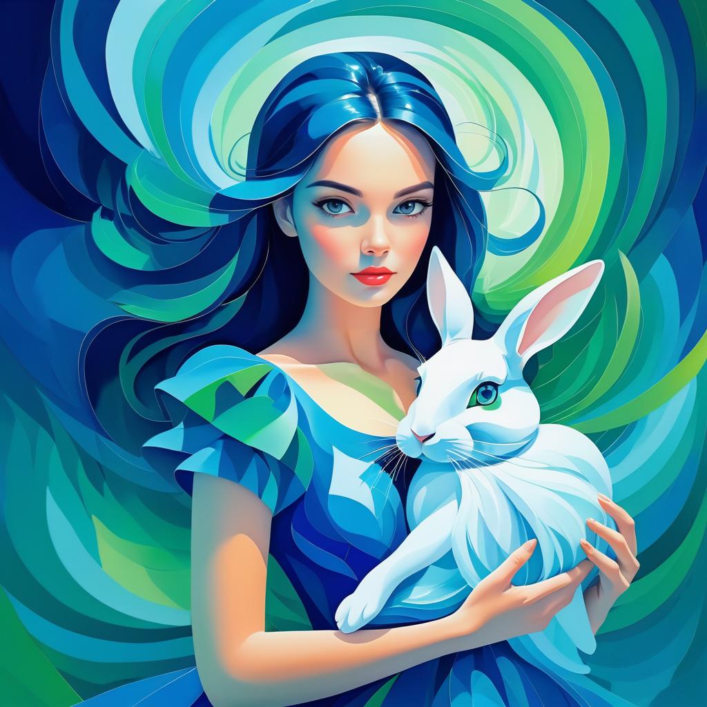 Surreal Woman with Rabbit in Blue Dress