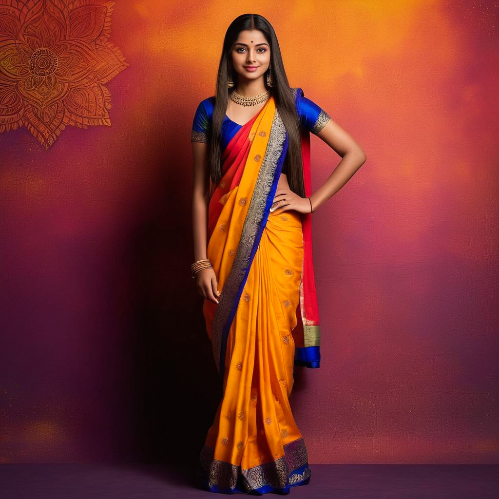 Shy Teenage Girl in Colorful Saree