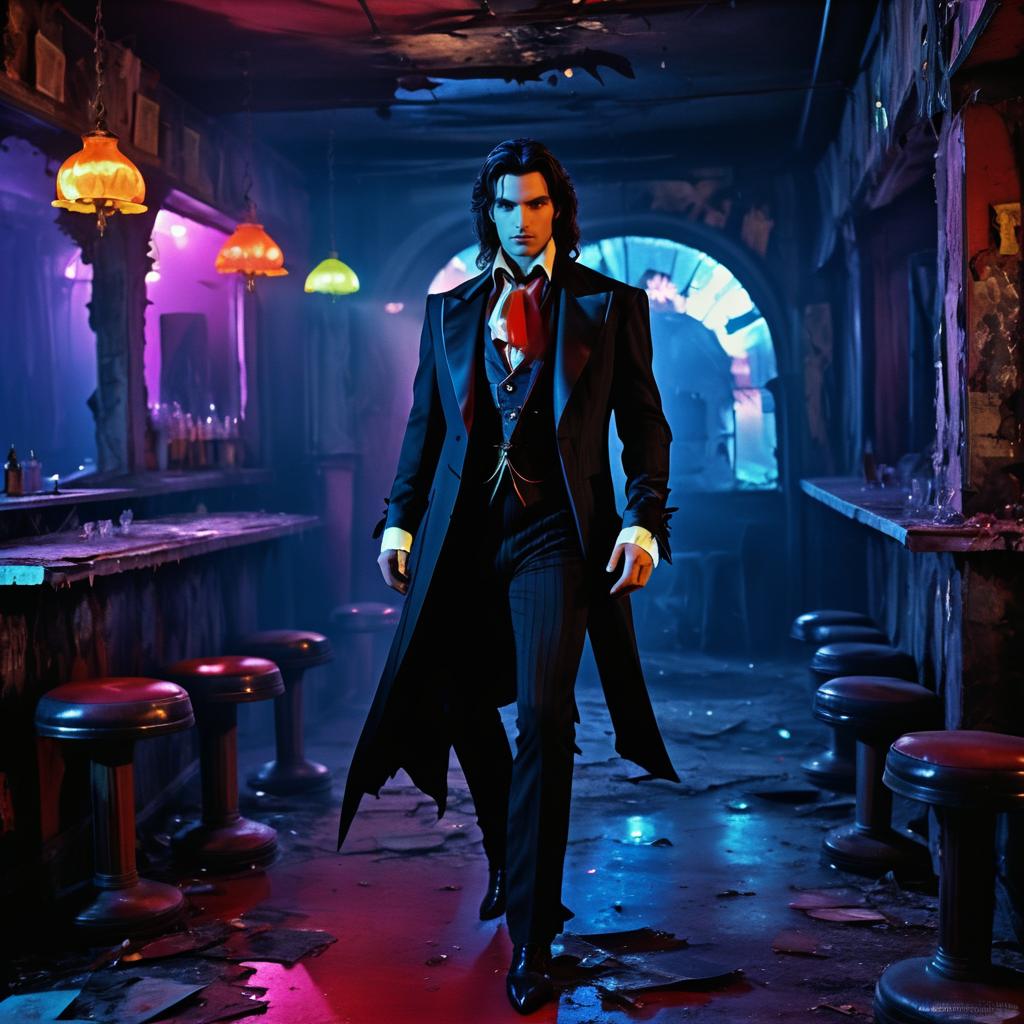 Elegant Vampire Portrait in Ruined Bar