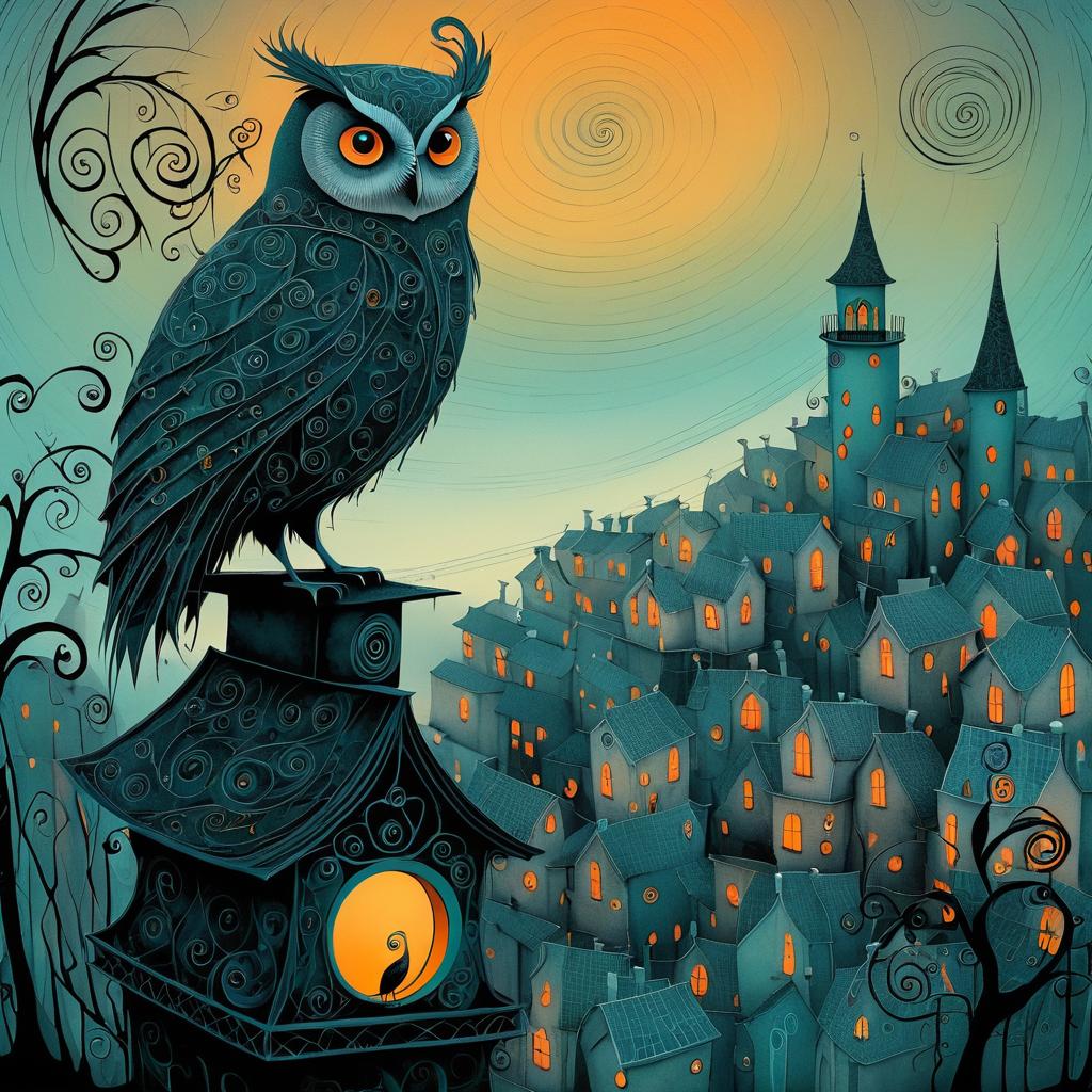 Whimsical Owl Over Eerie Village Scene