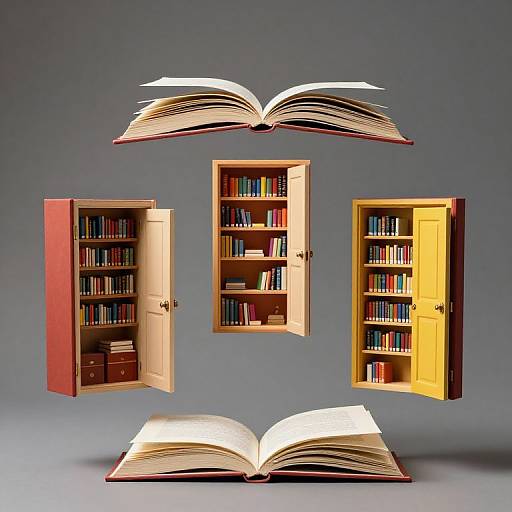 Digital illustration of three floating open bookshelves with books, suspended above an open book, against a gradient gray background.