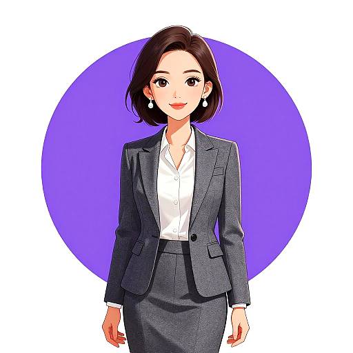 Anime-style digital illustration of a confident woman with short black hair, wearing a gray suit, white shirt, and pearl earrings, against a purple circle background