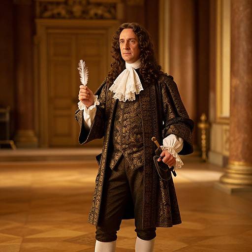 Photograph of a long-haired man in 18th-century black lace coat, white cravat, holding a feather, standing in an opulent