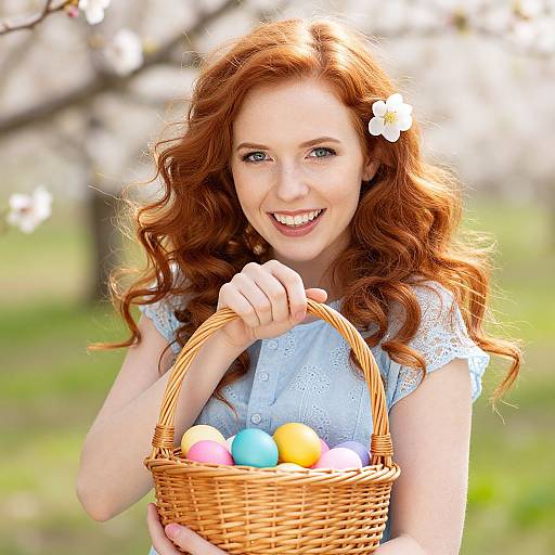 Photograph of a smiling redhead woman with wavy hair, wearing a light blue lace dress, holding a wicker basket with colorful Easter eggs, against