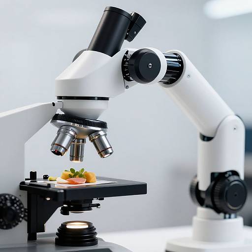 Photograph of a modern white and black microscope with a focused view of a small orange slice and green leaf on a black stage. Bright, clean background
