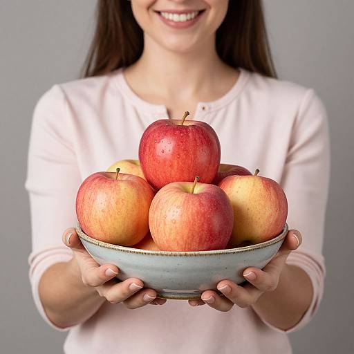 Photograph of a smiling woman with long brown hair, wearing a white long-sleeve shirt, holding a light blue bowl filled with red and yellow