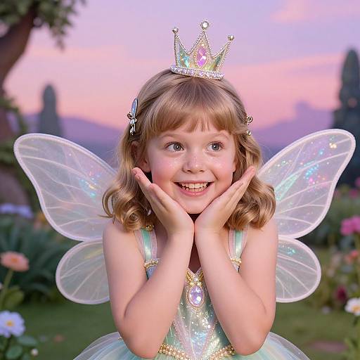 Photograph of a smiling blonde toddler fairy with a sparkling crown, iridescent wings, and a glittery dress, hands framing her face, against