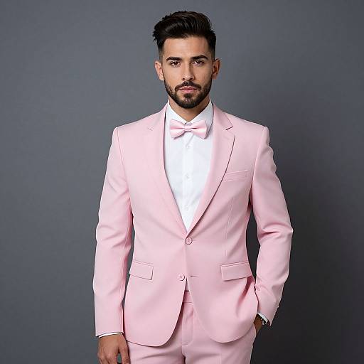 Photograph of a handsome man with dark hair and beard, wearing a light pink suit with a white shirt and bow tie, standing against a plain gray