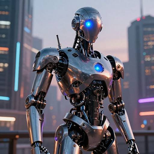 Photorealistic CGI of a shiny, blue-eyed, humanoid robot with glowing blue chest light, standing in a futuristic cityscape at sunset.