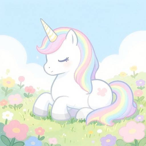 Whimsical digital drawing of a white unicorn with a pastel rainbow mane and tail, peacefully resting in a bright, flower-filled meadow under a