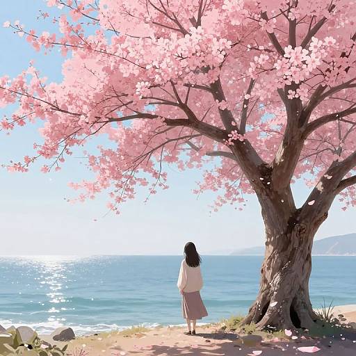 Digital anime-style illustration: A woman with black hair and a white blouse and pink skirt stands under a blooming cherry tree, overlooking a sparkling blue ocean