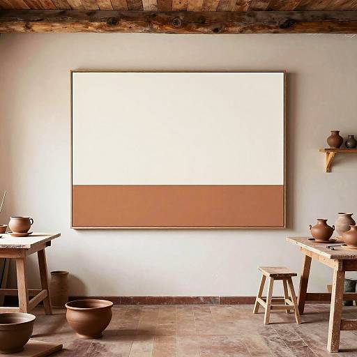 Photograph of rustic room with wooden ceiling, white and beige abstract framed art on wall, clay pots on wooden tables, and shelves holding small clay figur