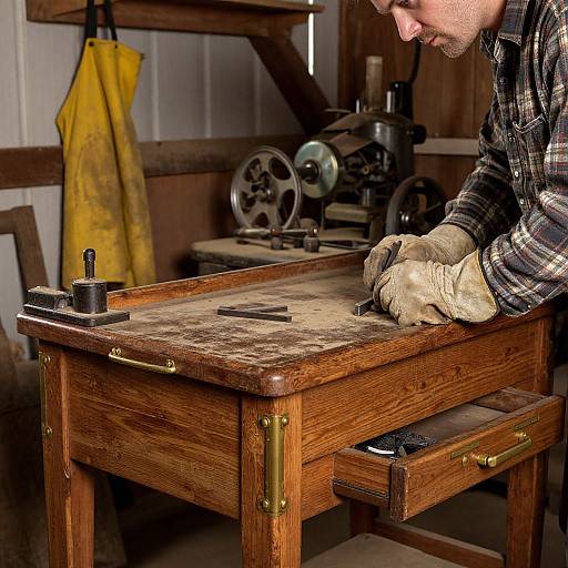 Photograph of a man in plaid shirt and gloves, working on a worn wooden workbench in a cluttered workshop with a sewing machine and yellow