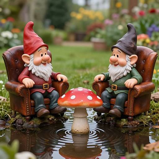 Photograph of two whimsical garden gnome figurines, one red-hatted, one black-hatted, sitting in leather chairs around a red-spotted