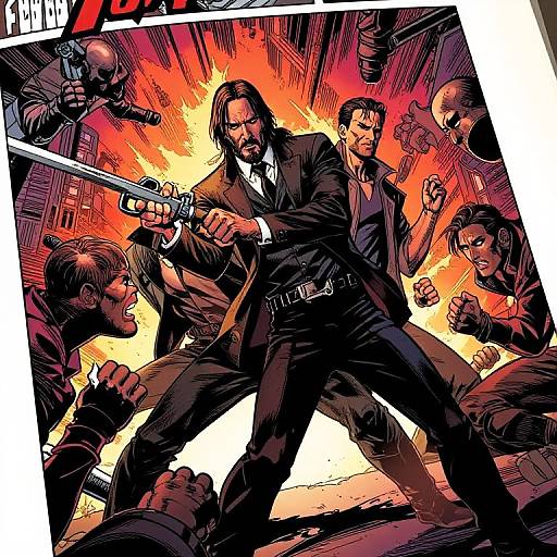 Comic book-style illustration: Six fierce men in dark suits, with guns, fighting against a fiery, explosive background. Central figure stands assertively, leading