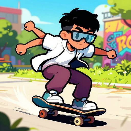 Cartoon-style illustration of a young boy with black hair, sunglasses, white shirt, and purple pants, skateboarding in a colorful urban park. Bright
