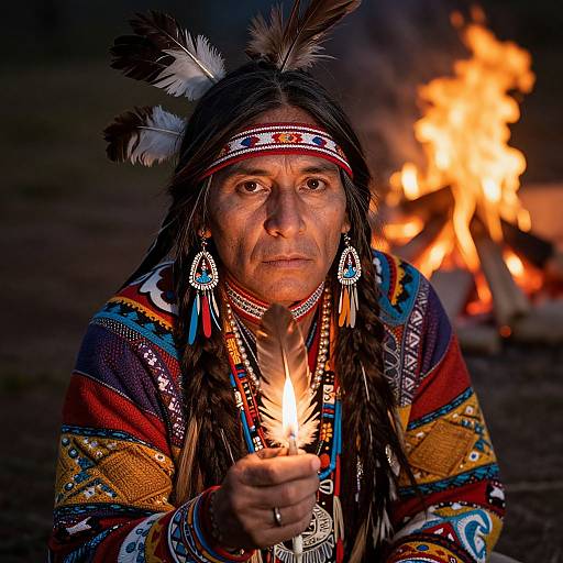 Photograph of an Indigenous woman with long black hair, feathered headband, colorful traditional attire, holding a lit torch in front of a campfire
