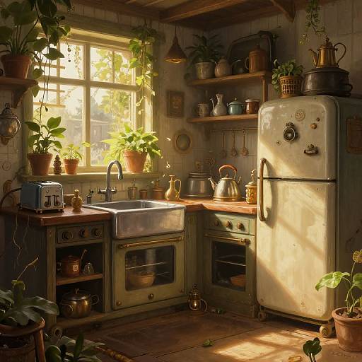 Sunlit, rustic kitchen with vintage fridge, potted plants, wooden shelves, worn cabinets, and a large window casting warm light. Photorealistic